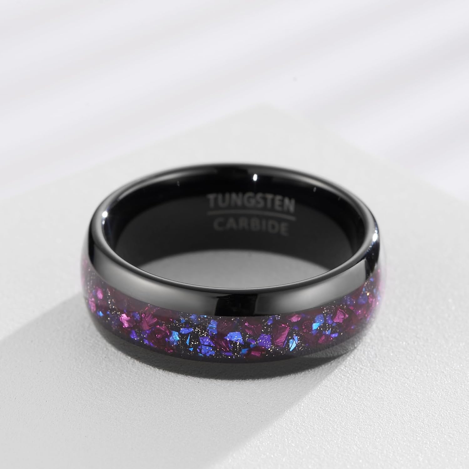 Women's 8mm Wide Black Tungsten Ring with Multicolor Gemstone Inlay - Opal-Effect Band for Wedding or Statement - Image 5