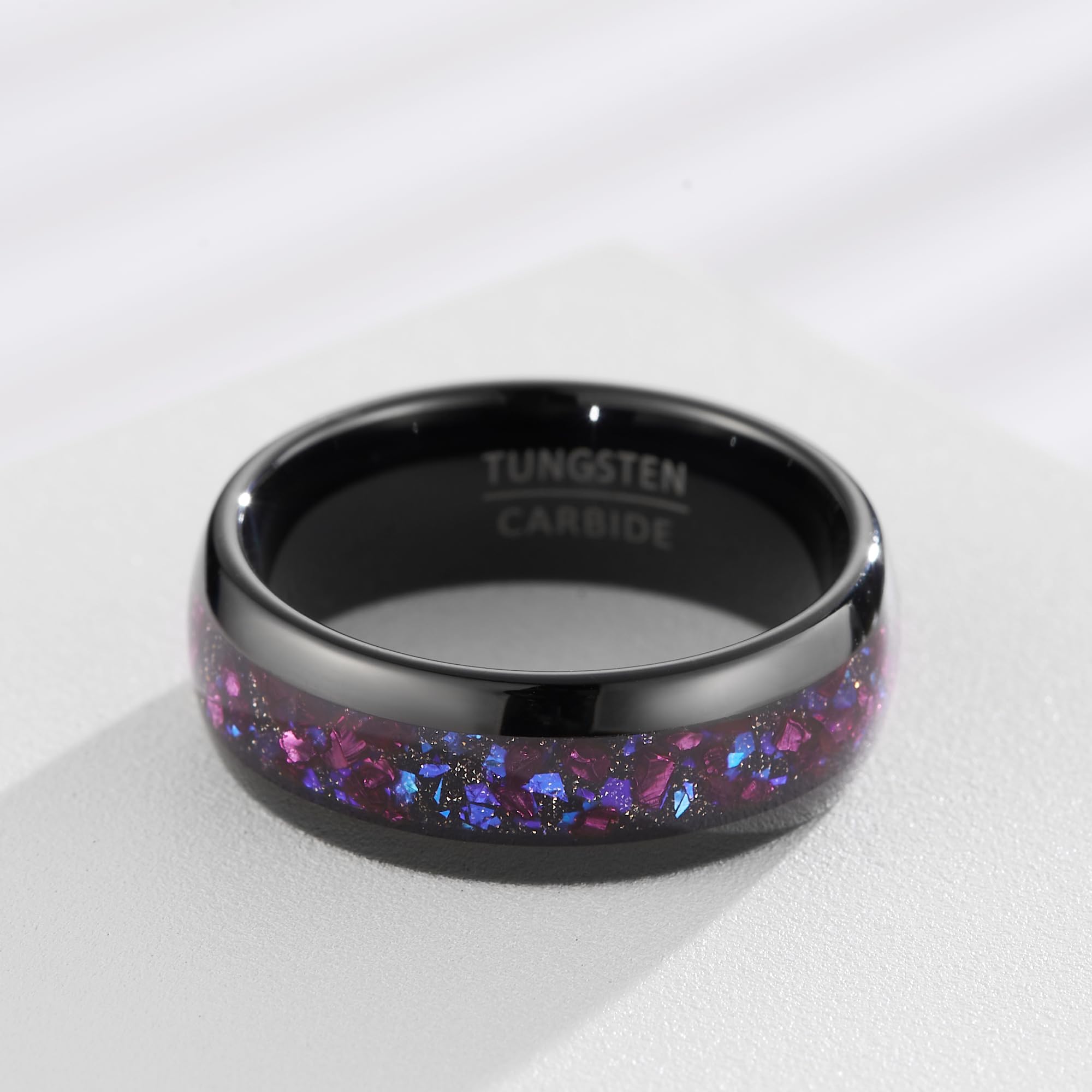 Anello Donna in Tungsteno Nero Larghezza 8mm con Intarsio Multicolore Effetto Opale - Fascia per Matrimonio o Statement (Misura USA)