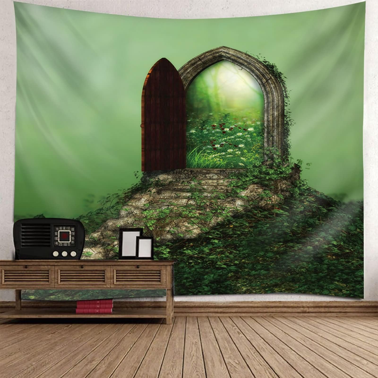 Homxi Dywan ścienny 200 W x 200 wys. cm, drzwi i kwiaty, poliester gobelin ścienny, zielony