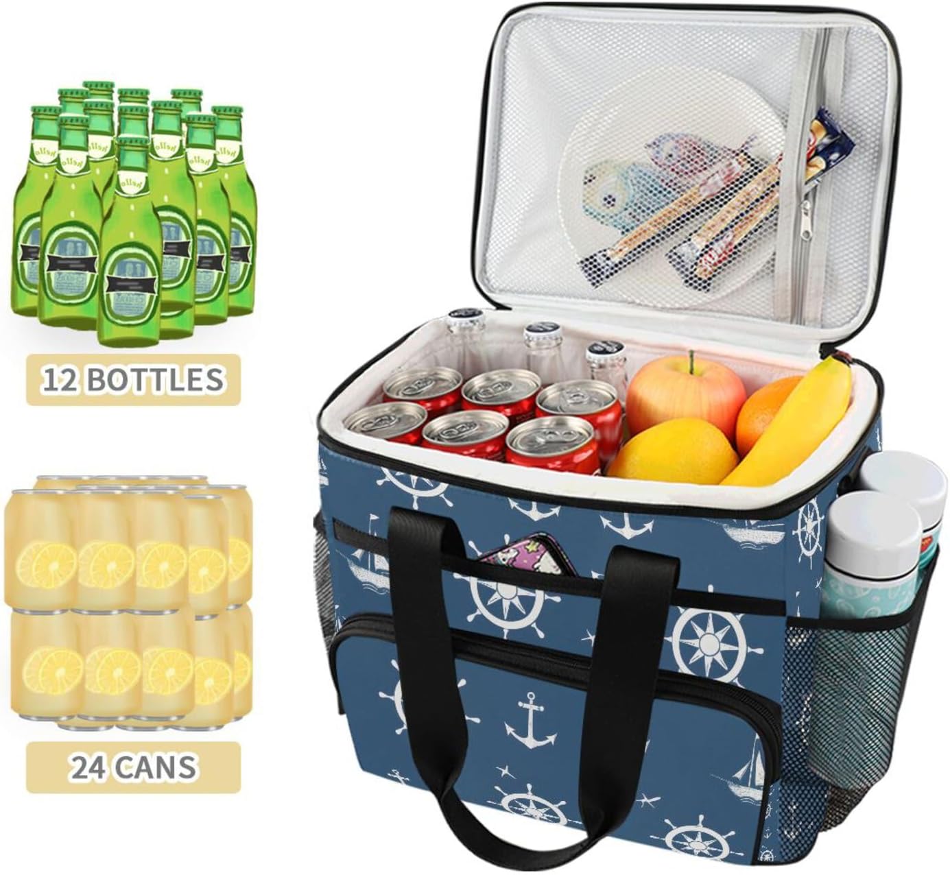 Blue Nautical Pattern Cooler Bag Insulated Cooler Soft Sided Cooler 24 Can Portable Picnic Bag Large Leakproof Lunch Bag Box for Beach Grocery Camping Travel Car Men Women