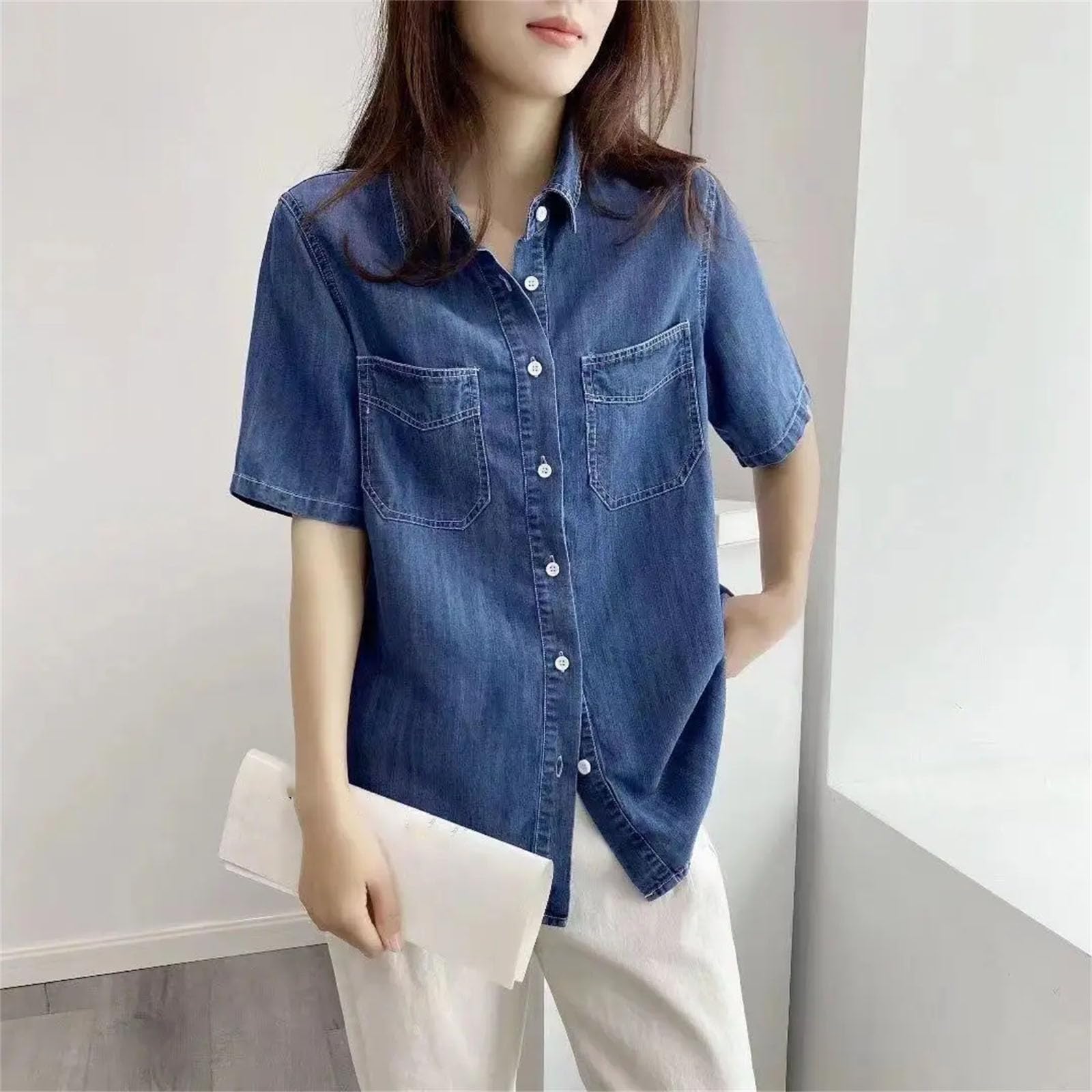 Camicia da donna in denim di cotone, collo con risvolto, maniche corte, vestibilità ampia, controllo della pancia, top casual