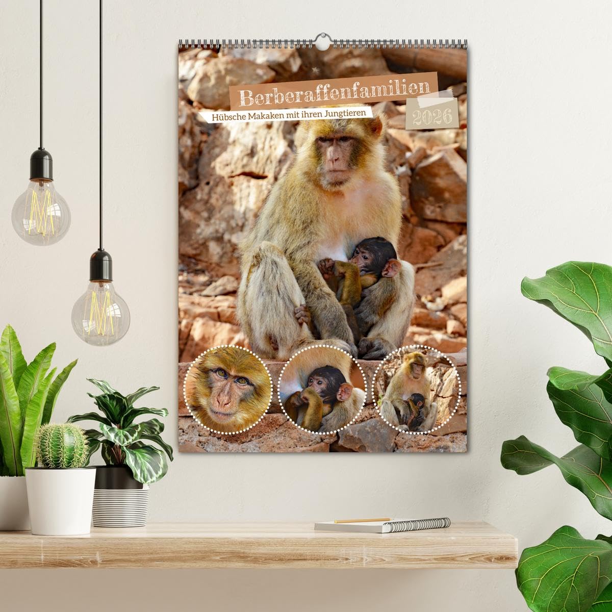 Berberaffenfamilien (Wandkalender 2026 DIN A2 hoch), CALVENDO Monatskalender: Hübsche Makaken mit ihren Jungtieren (CALVENDO Tiere)
