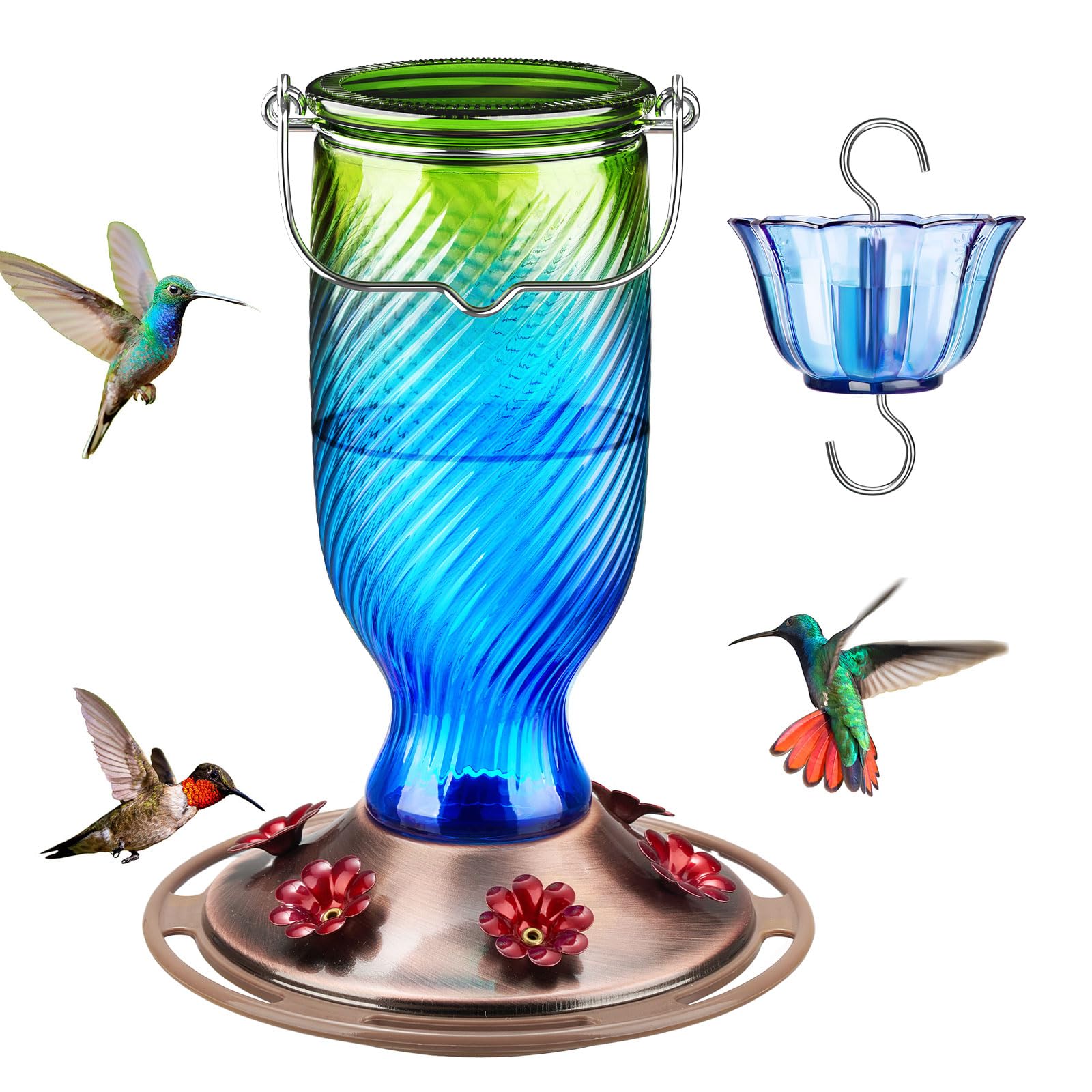 Photo 1 of Kingsyard Glass Hummingbird Feeders for Outdoors, 24 oz Hummingbird Nectar Feeder for Outdoors Garden Yard Décor, 6 Feeding Ports, Ant Moat Included, Easy to Clean & Refill, Navy Blue