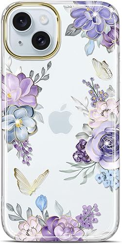 JIAXIUFEN Clear Case Compatible with iPhone 15 Gold Glitter Plating Butterfly Fl