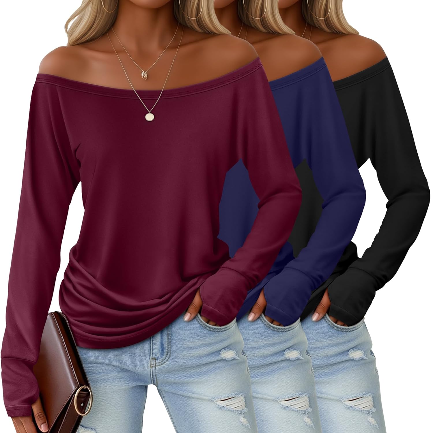 Huukeay 3 Pack Off The Shoulder Boat Neck Tops for Women, Long Sleeve Thumbhole Side Ruched Shirts Loose Causal Tunic Tees