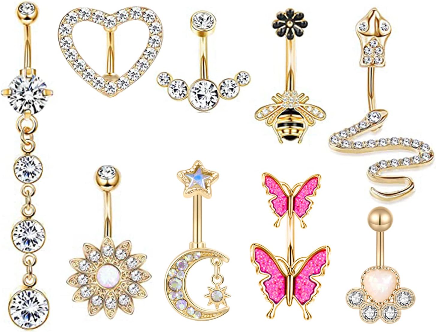 9PCS Stainless Steel Belly Button Rings Dangle Belly Rings for Women Heart Moon Snake Flower Navel Rings Body Jewelry Piercing