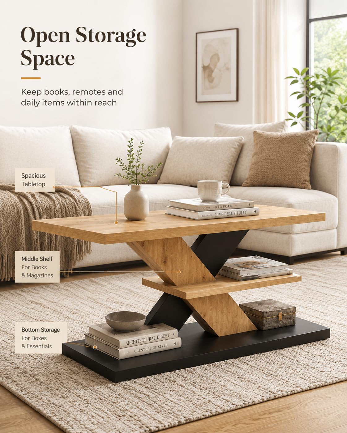 Mesa de centro de madera de roble negro, 100 x 50 x 45 cm, mesa de salón, rectangular, moderna, con estante, espacio de almacenamiento, diseño Z, mesa de salón para sofá