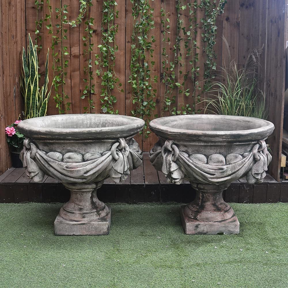 Discount Garden Statues White, Grey Pair Of Large Antique Stone Draped Georgian Style Vase Planter Urns