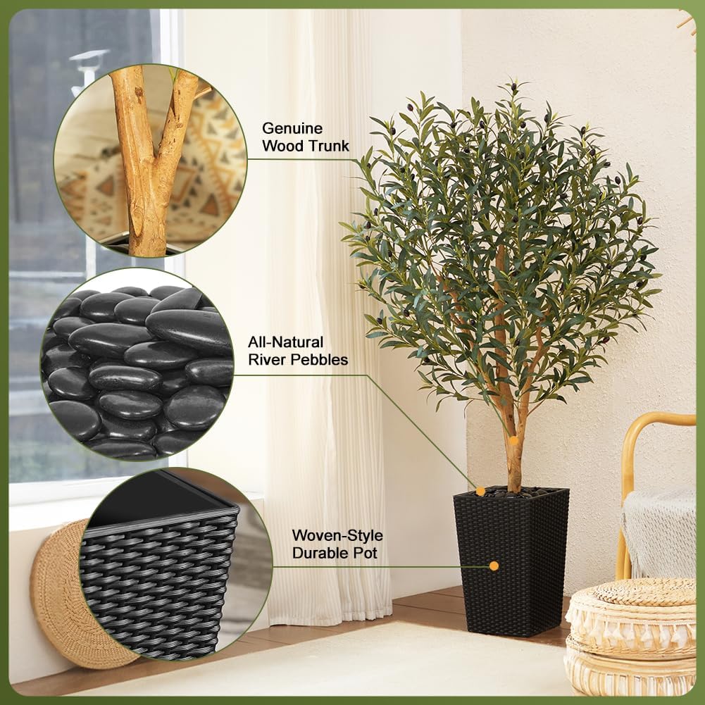 Artificial Olive Tree 5FT, Faux Olive Trees with Real Wood Trunk, UV Resistant Fake Plants in Planter & River Rocks, Indoor Tall Silk Plant for Home Living Room Office Outdoor Decor, VN133 - Image 4