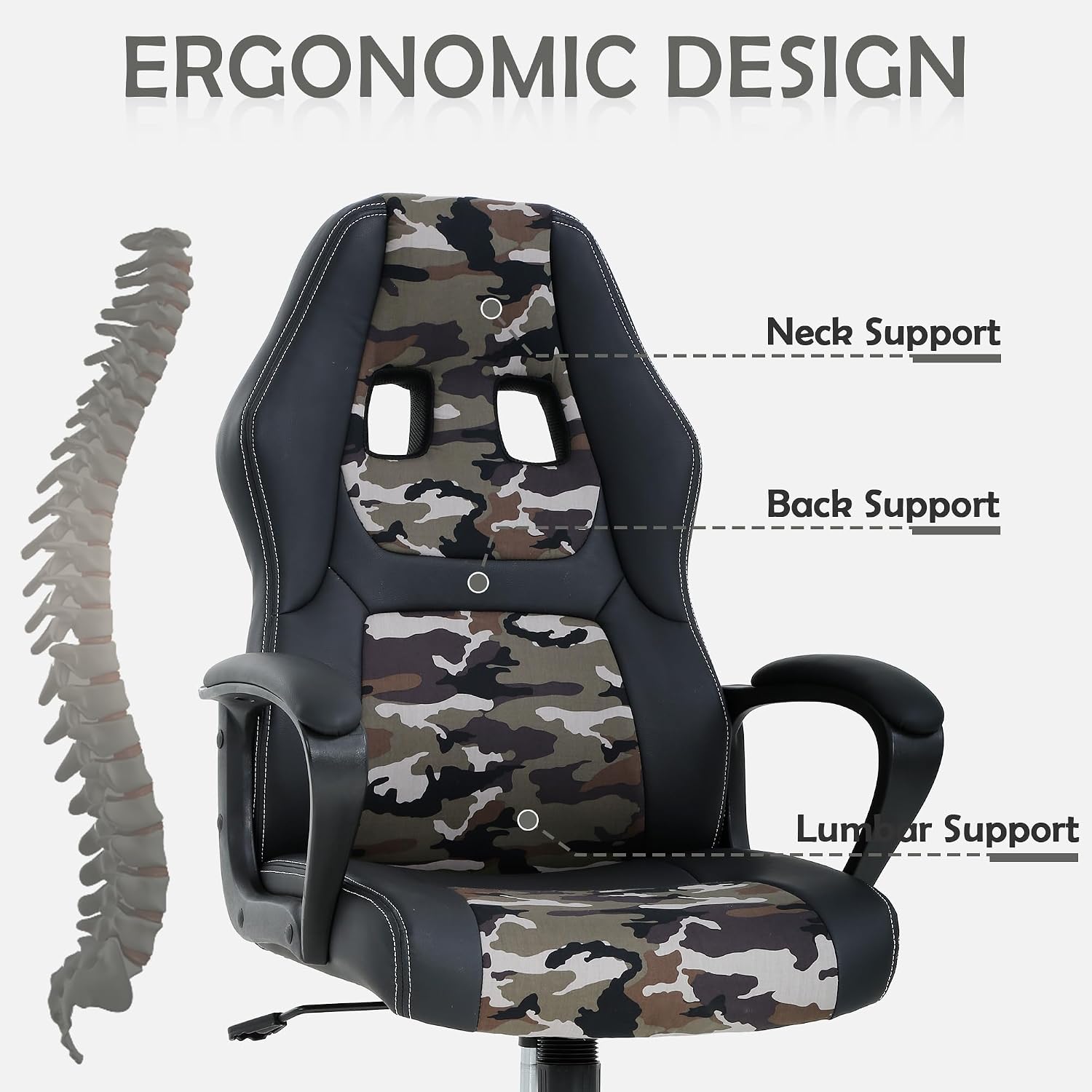Camo Massage Gaming Chair for Kids, Ergonomic Office Chair Computer Chair with Adjustable High Back & Armrest, PU Leather Gamer Chair with 360°Swivel, Heavy Duty Gaming Chairs for Adults, Teens