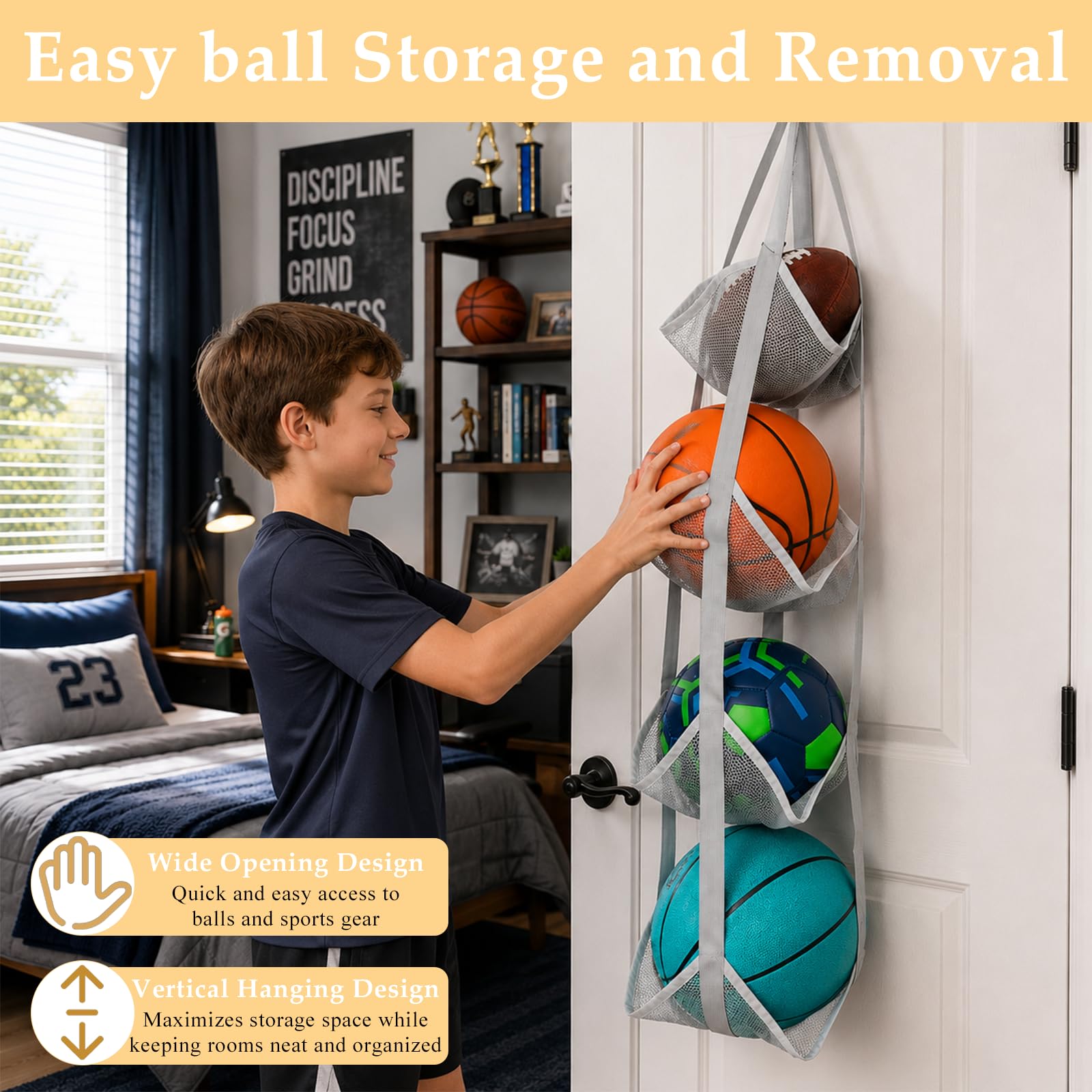 Organizador de Balones de Malla de 4 Niveles, Soporte Vertical para Balones para Puerta o Pared, para Baloncesto, Fútbol, Voleibol, Juguetes y Snacks, Ahorro de Espacio para Garaje, Hogar y Sótano