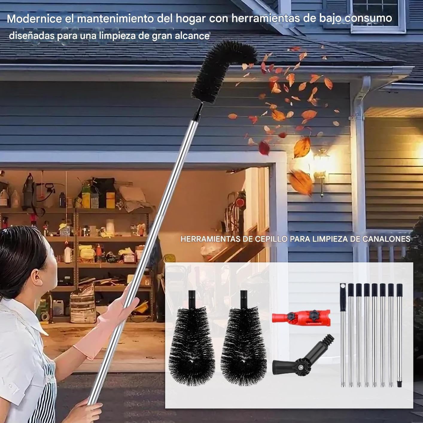 Herramienta de Limpieza de Canalones - Cepillo De Limpieza De Tejados con Mango Telescópico - Mango Limpiador De 3.2 Metros para Mantenimiento De Tejados Y Eliminación De Residuos De Jardín
