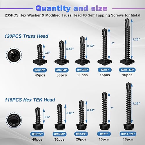 Miniatura 3 de mxuteuk Tornillos autorroscantes negros #8 x 1/2 a 1-1/4 pulgadas para tornillos autorroscantes de metal hexagonal y cabeza de armadura modificada
