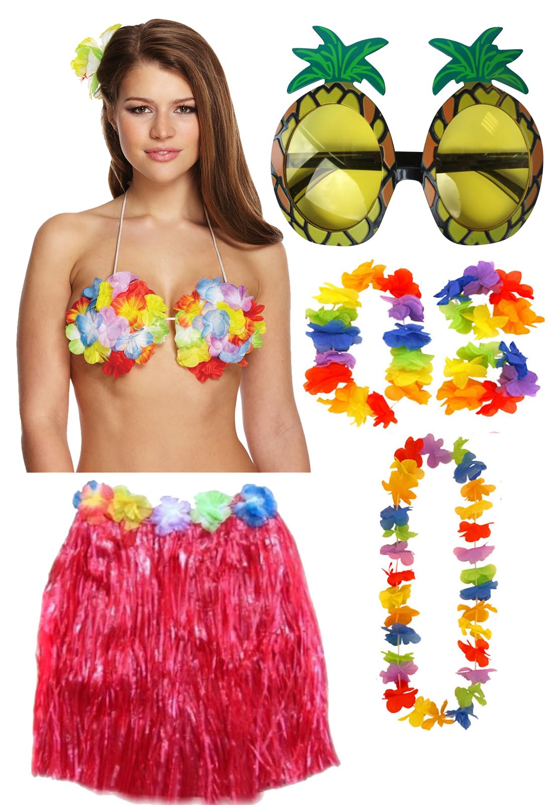 labreeze Hula Grass Skirt Flower Bra 4 Pcs Lei Set Pineapple Glasses Ladies Hawaiian Hula Fancy Dress Party Costume (Red)