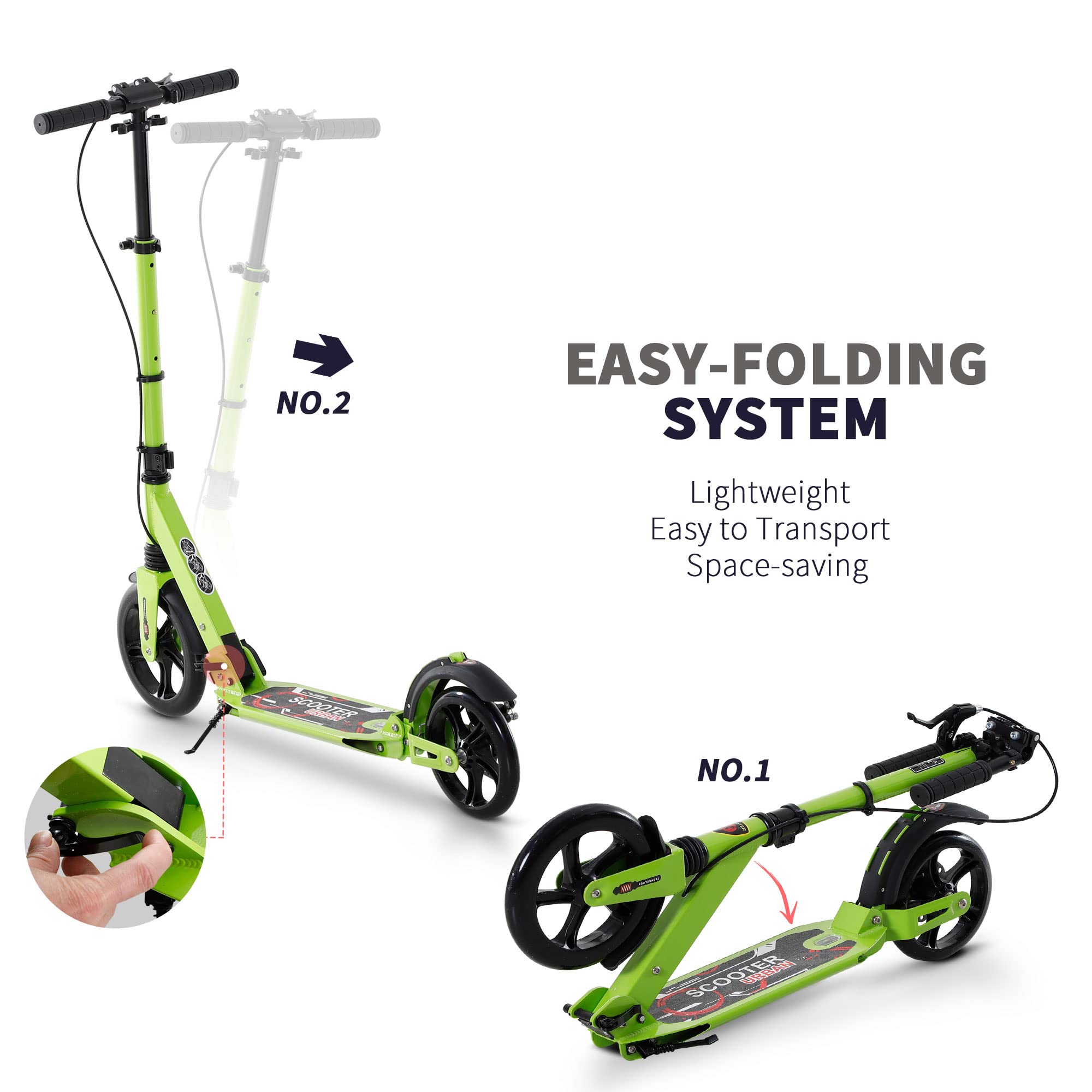 HOMCOM Patinete plegable de 2 ruedas para más de 14 adolescentes y adultos, color verde | Sistema de freno doble, suspensión doble, ruedas grandes de 230 mm, 3 manillares ajustables, hasta 100 kg