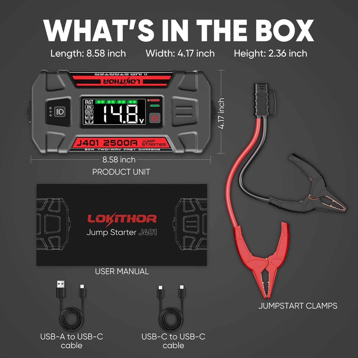 LOKITHOR J401 Car Battery Jump Starter, 2500A Battery Jumper Starter Portable, 12V Jump Box, Jumper Cables for Upto 8.5L Gas and 6.5L Diesel Engines, 60W Fast Charging, Smart Digital Screen LED Light - Image 9