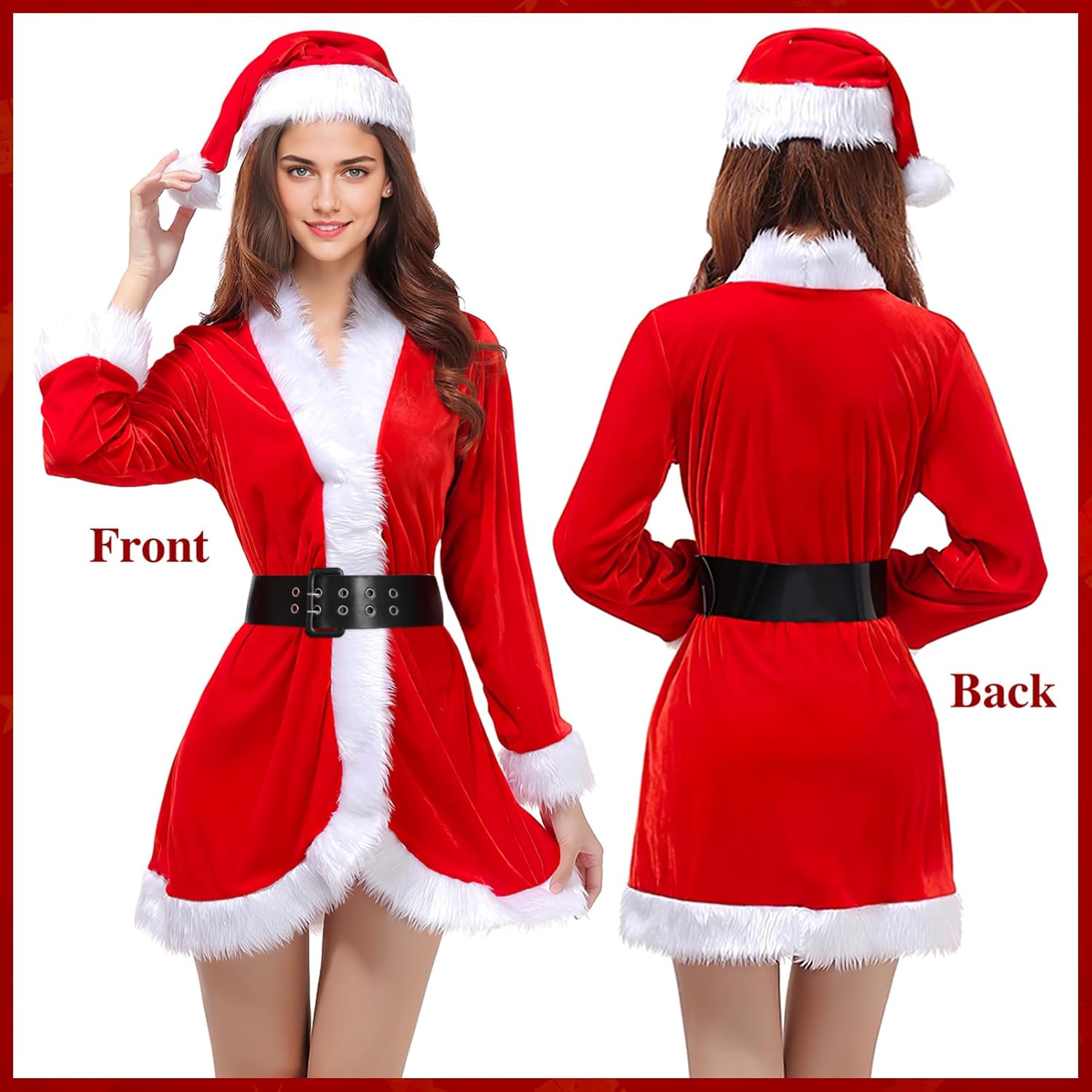 3pcs Santa Claus Costume for Women: Christmas Mrs Claus Outfit Holiday Party Fancy Dress Set with Hat and Belt, Red Flannelette One Size - Image 3