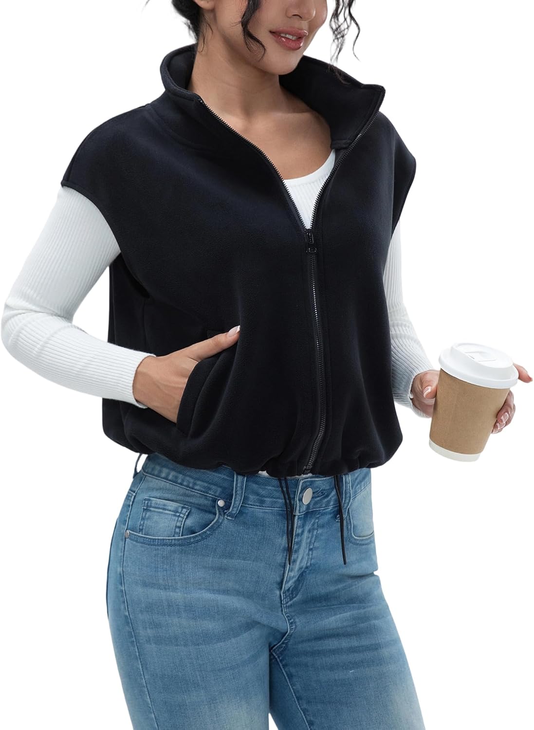 Women's Full Zip Fleece Short Vest Warm Winter Sleeveless Stand Collar Sherpa Crop Coat