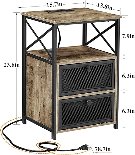 Miniatura 3 de VECELO Mesas laterales color gris polvo con estación de carga, mesita de noche de 24 pulgadas con puertos USB y tomas de corriente, muebles de noche
