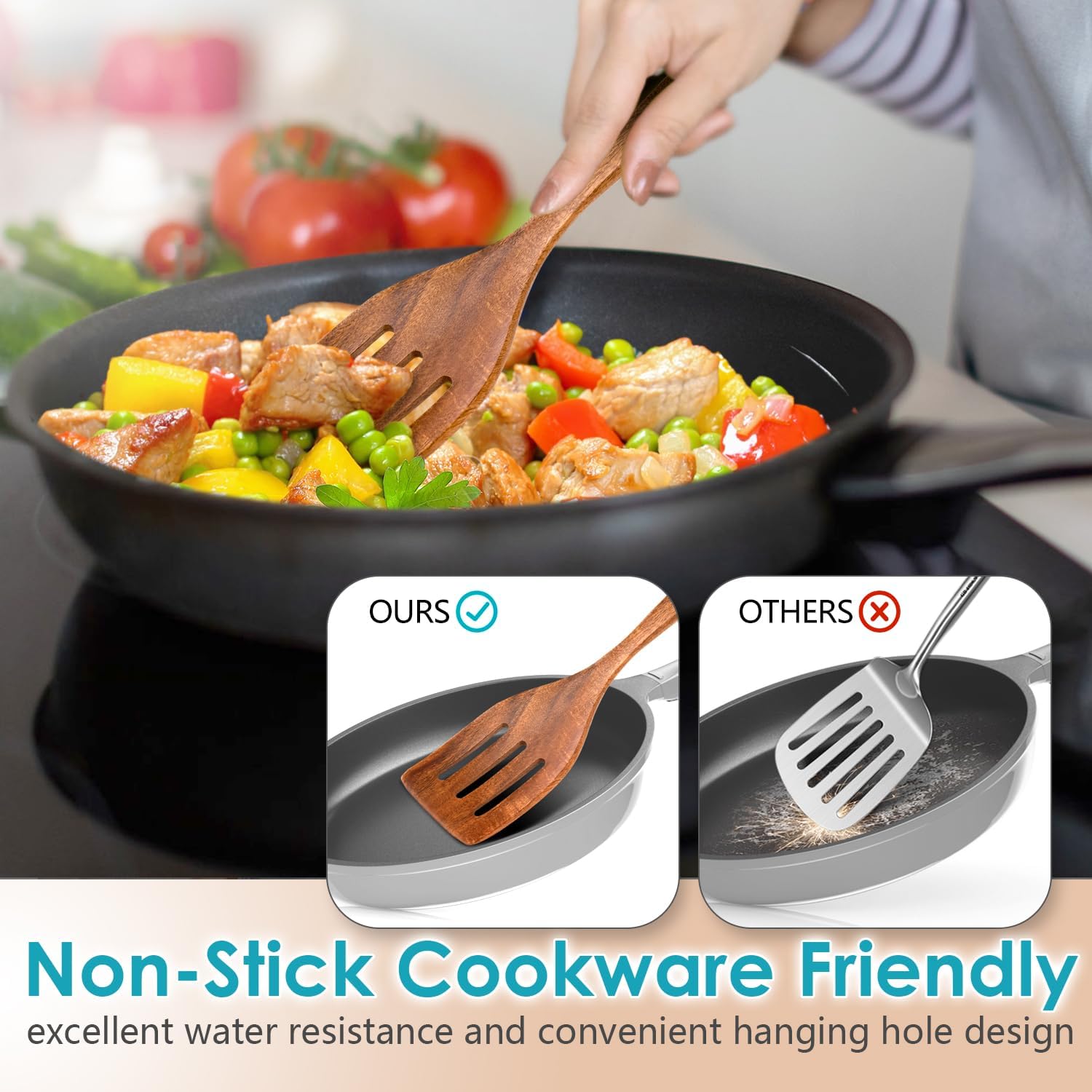 Wooden Spoons for Cooking, Premium Acacia Wood Kitchen Utensil Set, Handmade Wooden Utensils for Nonstick Cookware, Heat Resistant, Smooth Finish, Comfortable Grip, with Holder, Gift Ready - Image 4