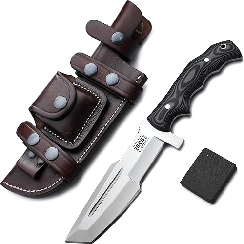 GCS - Cuchillo rastreador hecho a mano D2, cuchillo de caza de acero G10, cuchillo de hoja fija para mano derecha, explorador, funda de cuero de
