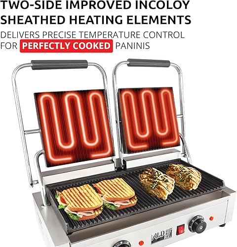 Miniatura 3 de ALDKitchen Prensa doble Panini  Máquina para hacer sándwiches  Placas acanaladas de hierro fundido  Control ajustable  Antiadherente  110 V