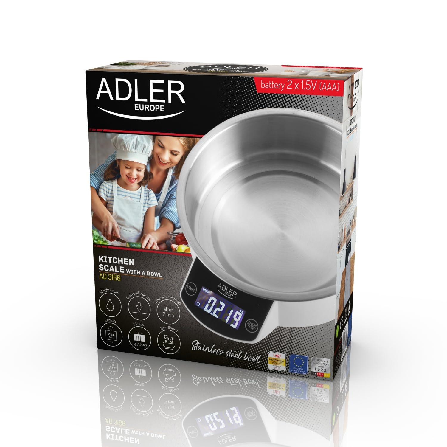 Adler AD 3166 Kitchen Scales with 900ml Stainless Steel Container, Max Weight 5kg, Electronic Household Scales with LCD Display, Digital Scale, Accuracy up to 1g, White/Silver, 21 x 19 x 8 cm