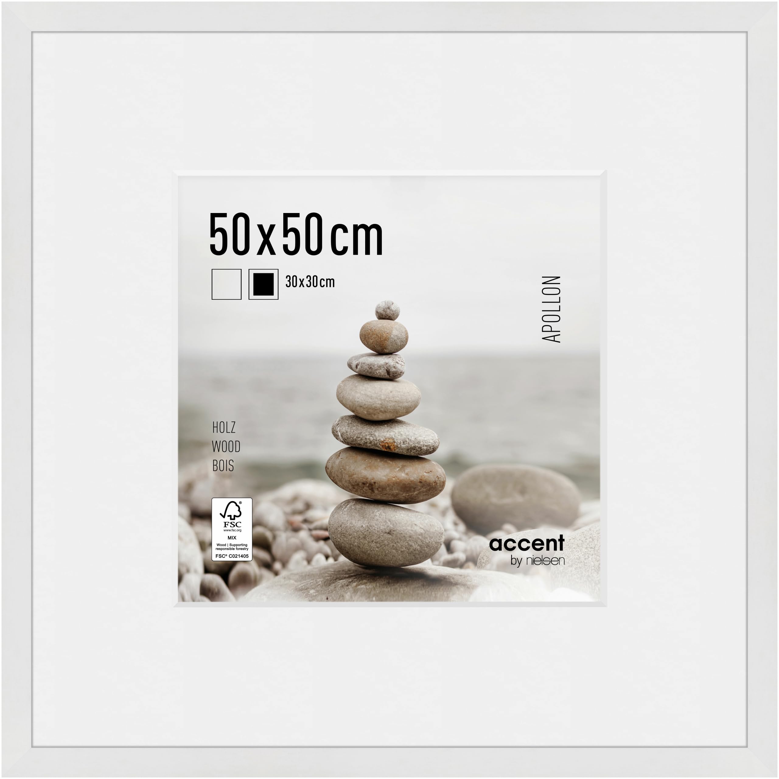 accent by nielsen Apollon Wooden Picture Frame - White 50x50cm with White Mount for 30x30cm Picture - Float Glass and Easy Push and Turn Clips