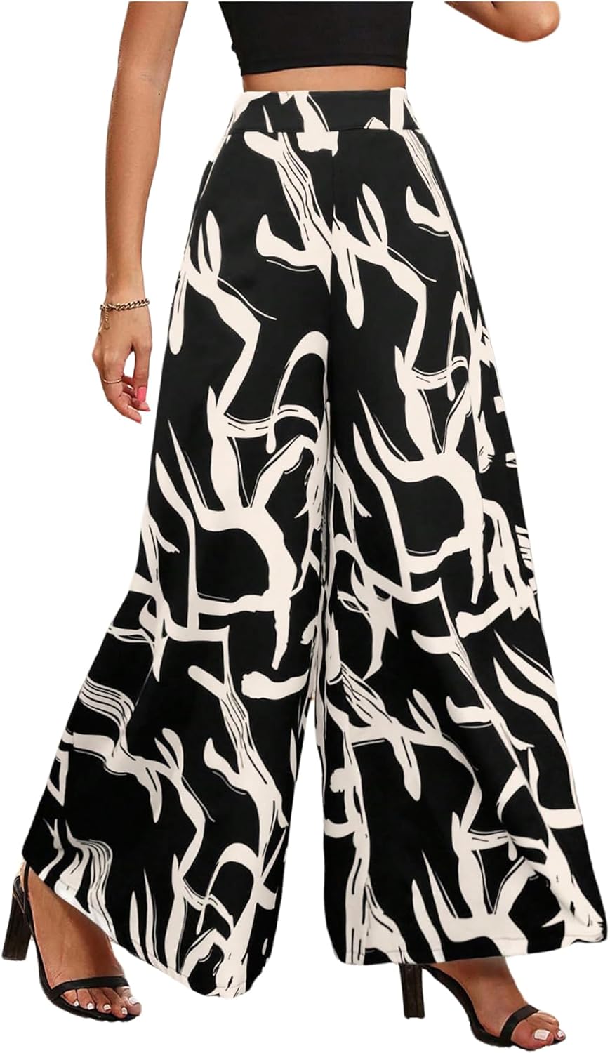GORGLITTER Women's Dressy Casual Wide Leg Flowy Pants Graphic Printed Elastic Waist Palazzo Pants