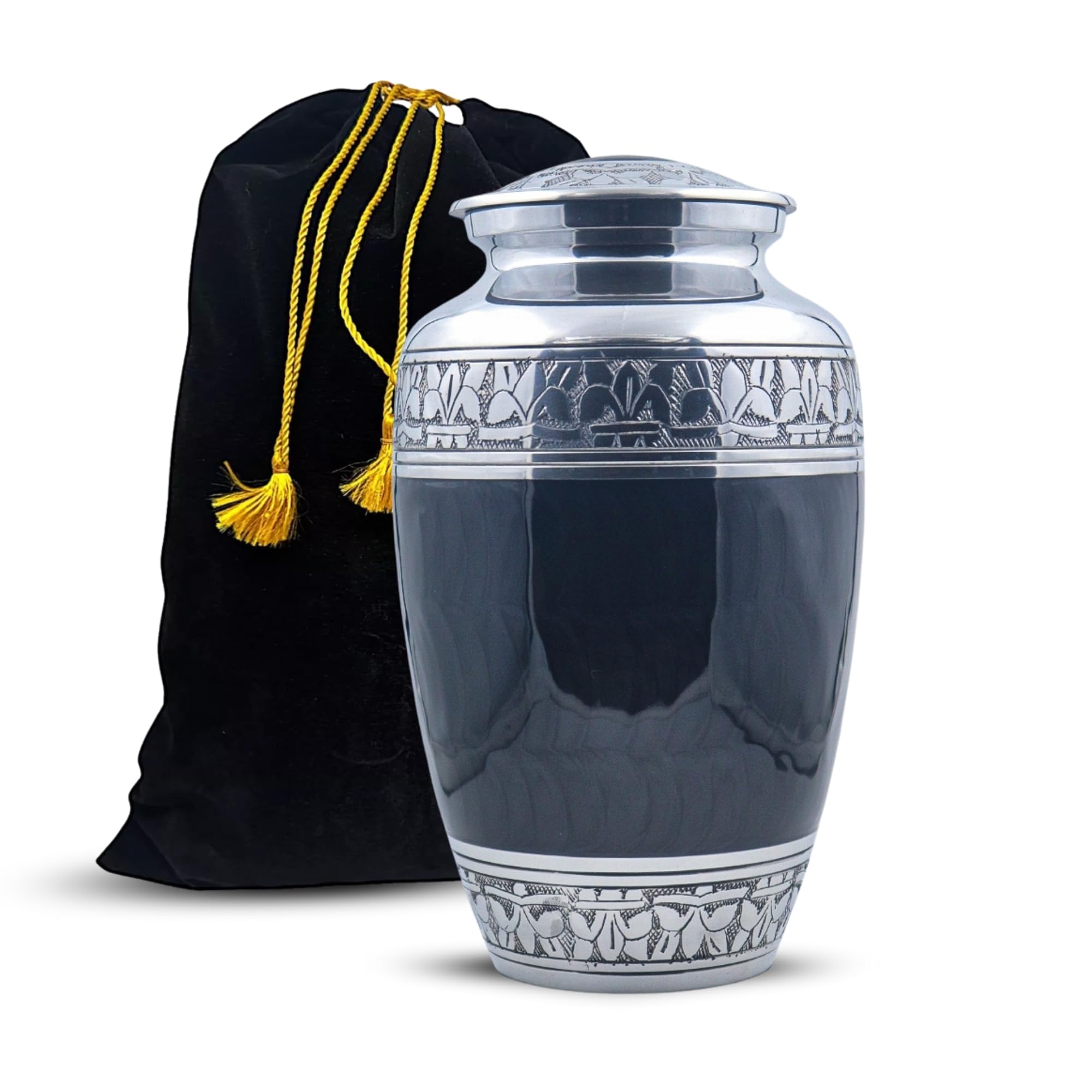 Large Cremation Urn for Human Ashes Adult Male Female – Premium Aluminum Funeral Urn with Velvet Bag – Memorial Keepsake Ashes Container with Secure Lid – Decorative Burial (Pearl Black)