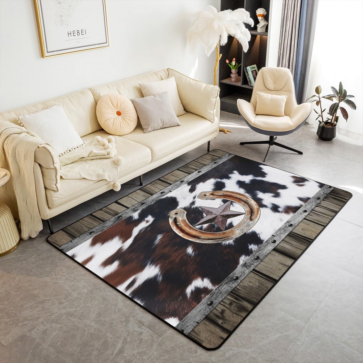 Erosebridal Rustic Farmhouse Barn Area Rug 5x7,Western Texas Star Horseshoe Cowhide Rug for Kids Adults Highland Cow Fur Print Indoor Floor Mat Country Bull Cattle Fur Accent Rug Set Non Slip