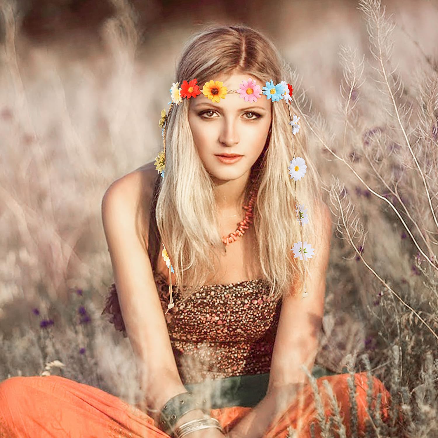 Sunflower Headband Women Hippie Headwear -AWAYTR Bohomia Feather Rope Crown Head Snapklik.com : 1970s 1960s Headband For Women Rainbow Color  main image 4