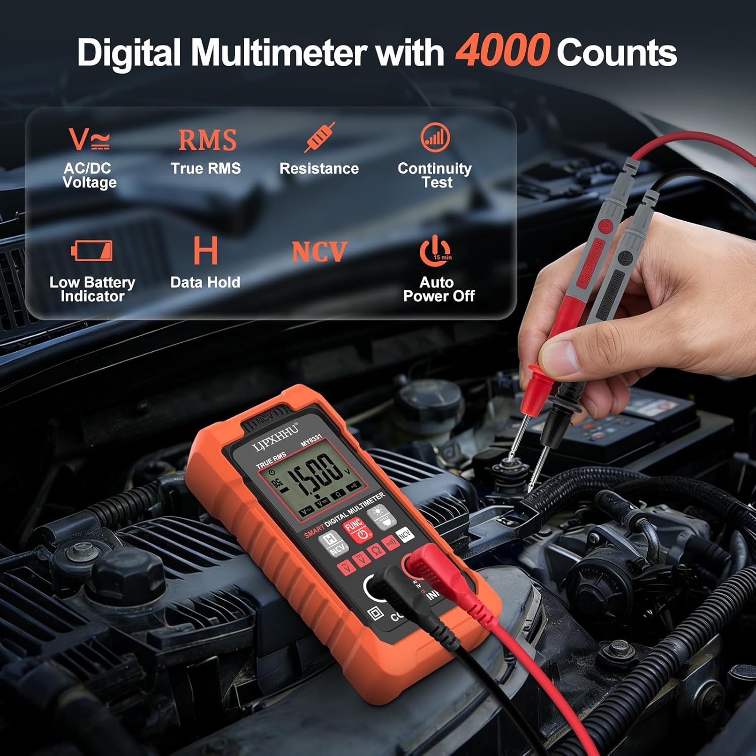 Digital Multimeter Volt Meter TRMS 4000 Counts Auto-Range NCV Voltage Multi Tester Smart Electrical Car Battery Voltmeter AC/DC Volt, Ohm Resistance, Continuity with Test Leads Large LED Backlight