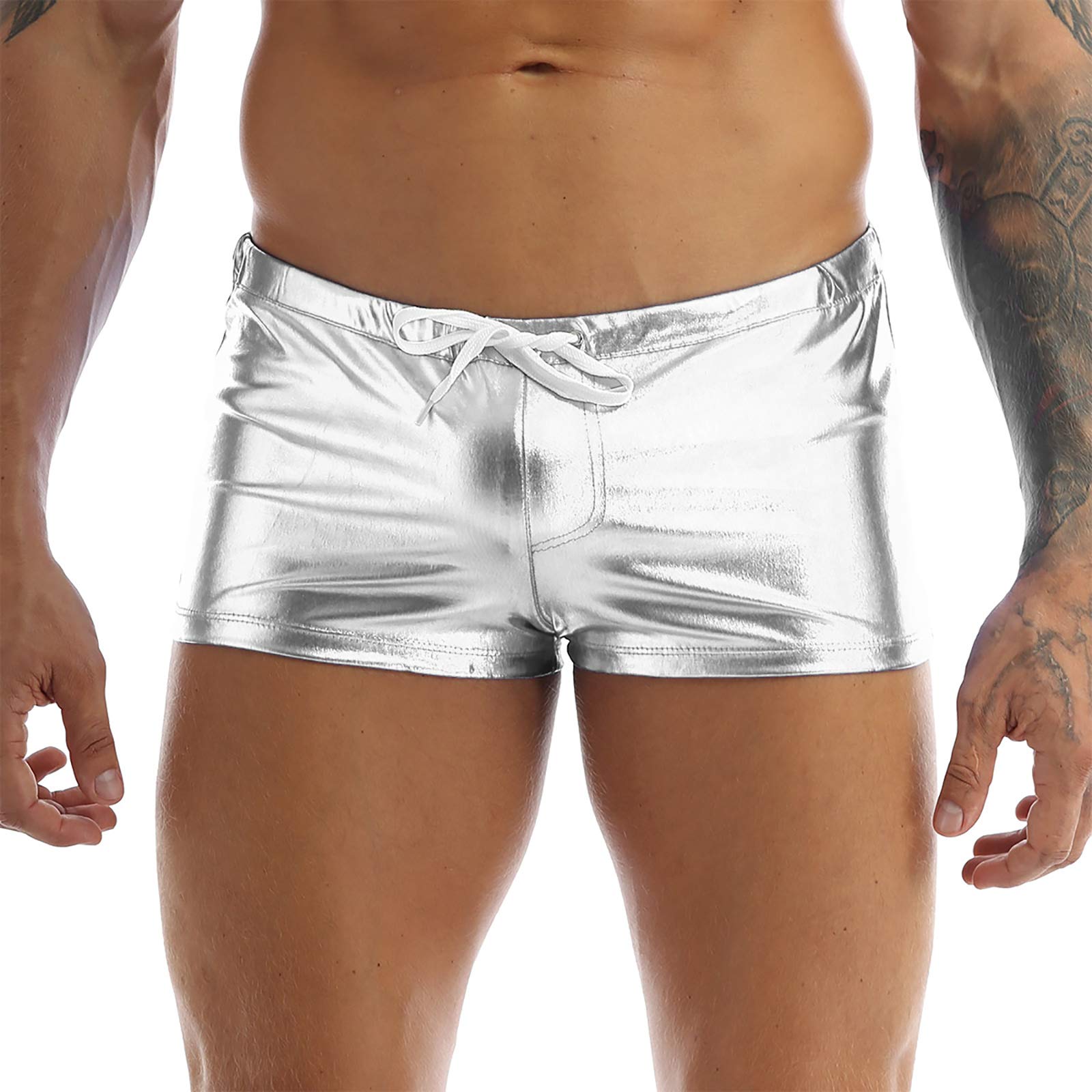 XUNZOO Mens Shiny Metallic Drawstring Boxer Briefs Underwear Trunks Loungewear Swim Shorts Activewear Silver X-Large