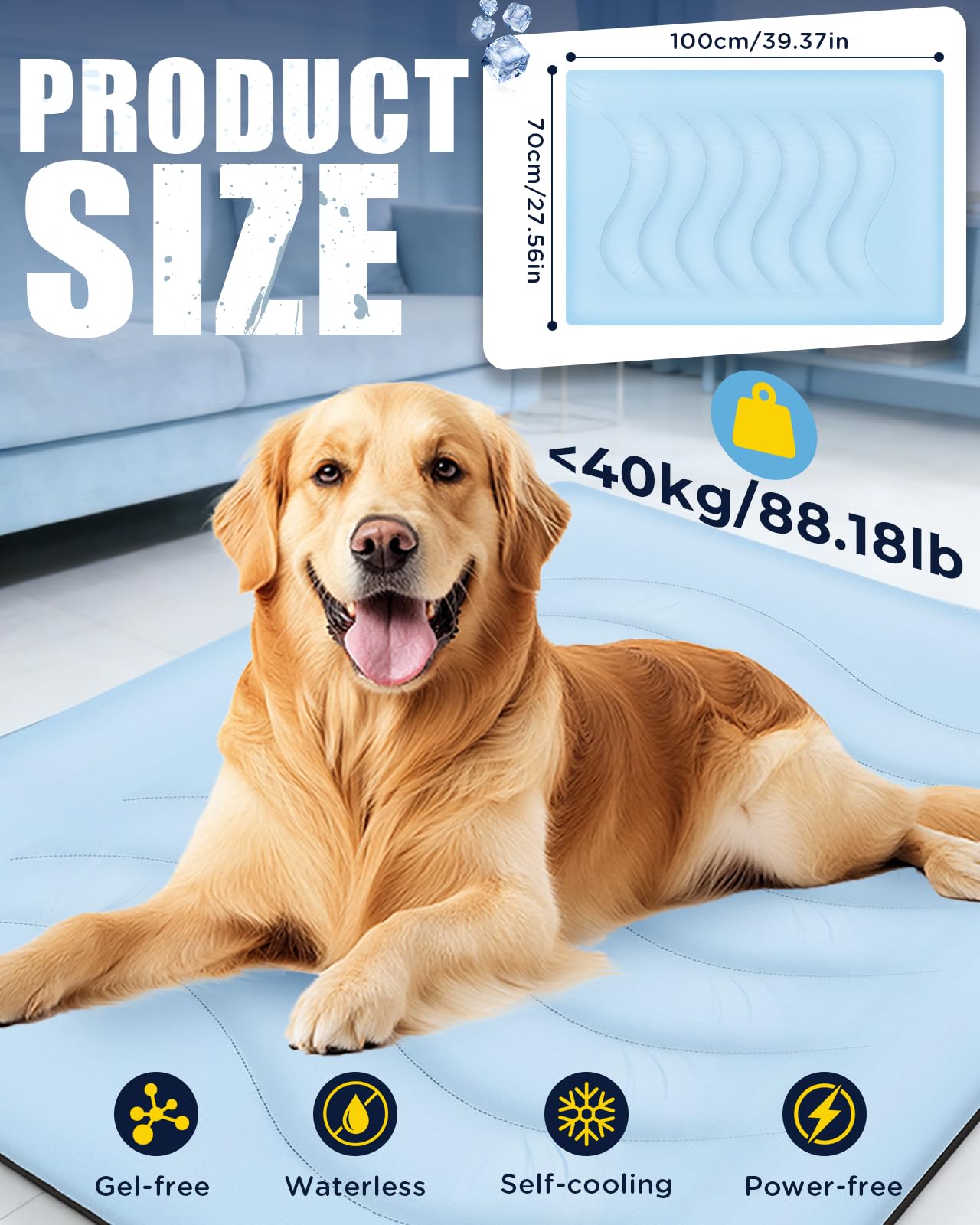 Tappetino Refrigerante per Cane 100x70cm Auto-Raffreddante Senza Gel Antiscivolo Blu