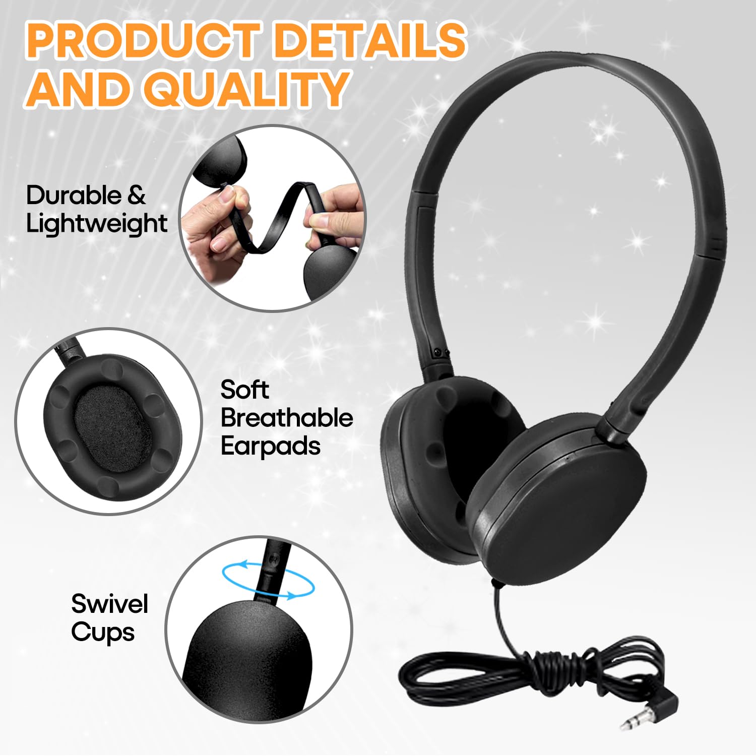 Wholeslae - Juego de 25 auriculares a granel para el aula escolar, auriculares duraderos con cable para estudiantes, niños, adolescentes, niños y adultos (HY104, negro)