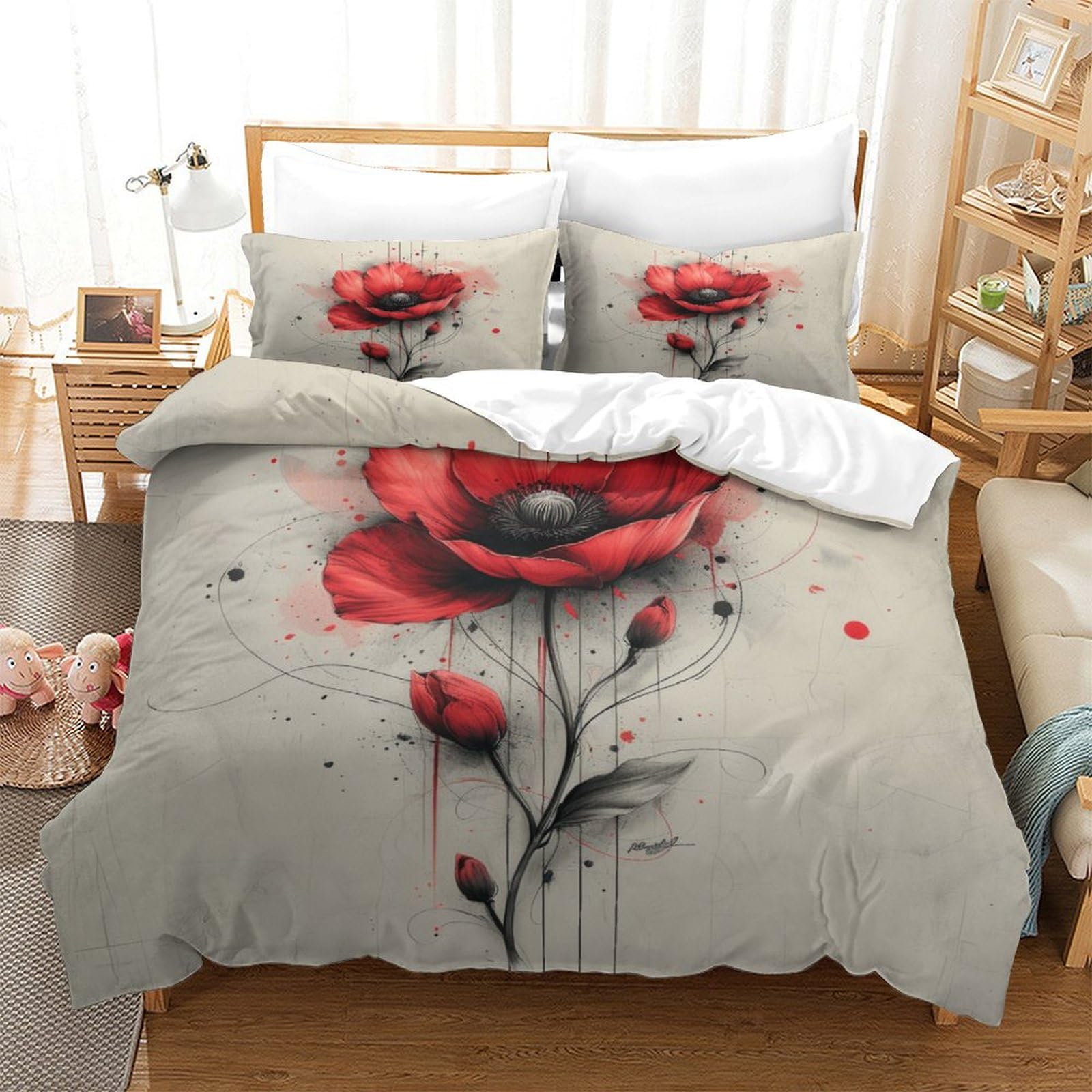 Funda de edredón de 3 piezas con diseño abstracto de flores rojas de calidad hotelera, fundas de cama con fundas de almohada con cierre de cremallera, microfibra hipoalergénica ultrasuave,