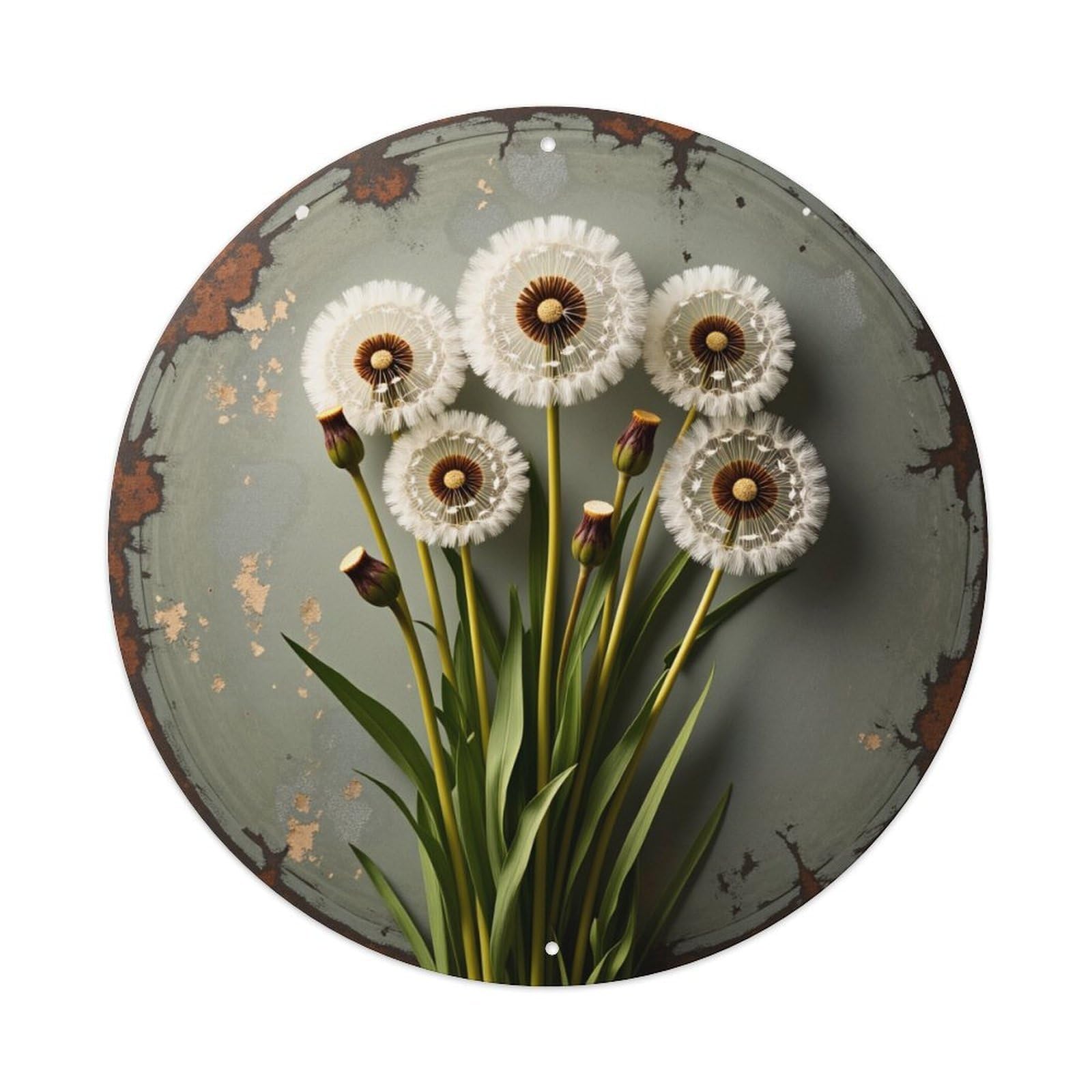 Dandelion Flowers On Rustic Plate Round Tin Sign Vintage Metal Poster, Home Bar Garage Man Cave Cafe Indoor & Outdoor Wall Decoration 8x8Inches