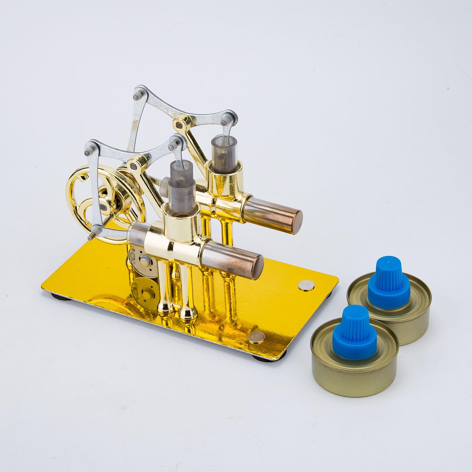 Stirling Modèle de moteur à vapeur à cylindre chaud en métal, modèle de moteur à gros piston à deux cylindres, à combustion externe, moteur thermique (couleur de l'ampoule aléatoire)