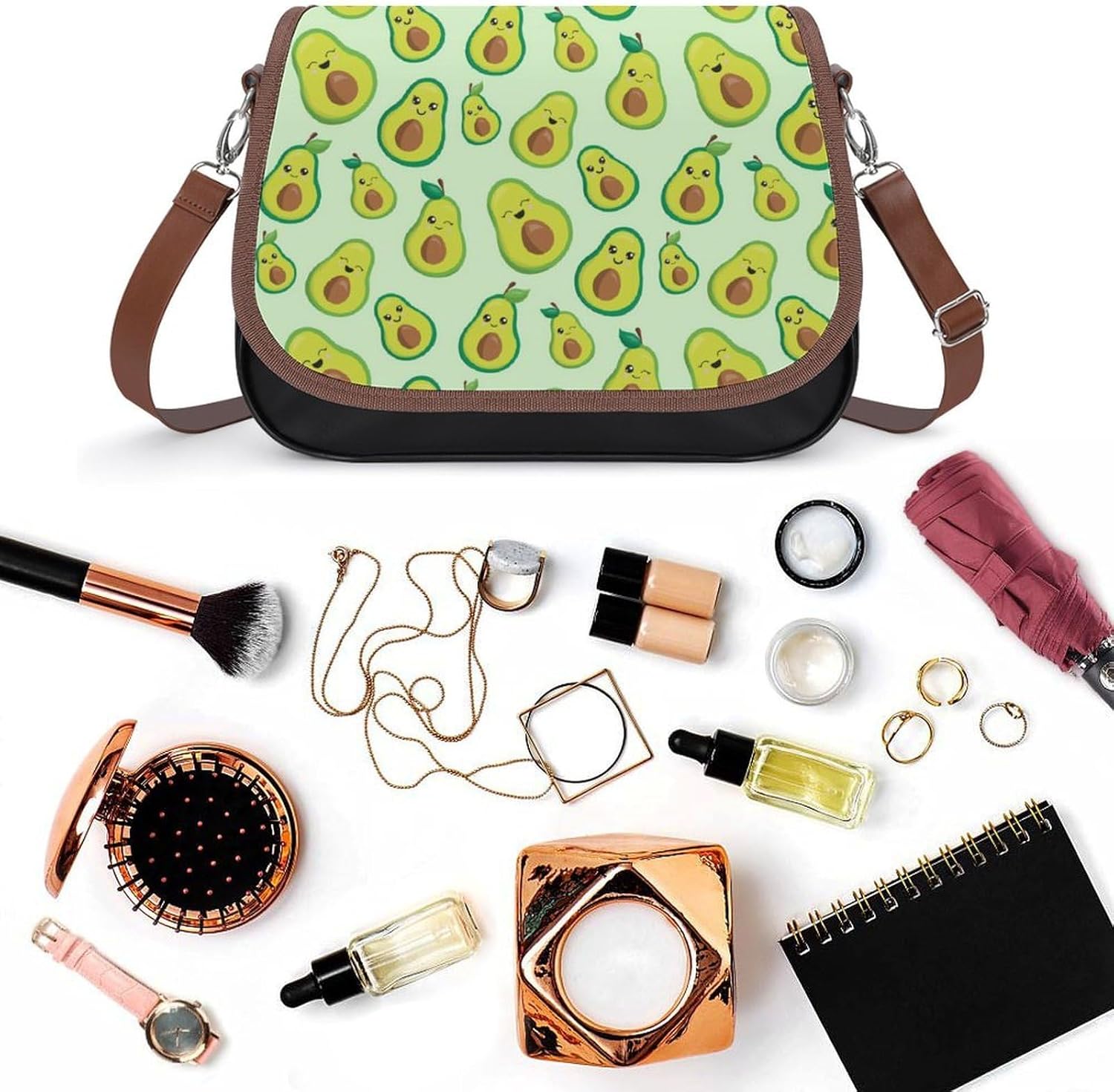 Super Cute Green AvocadosWomen's Faux Leather Crossbody Bag, Waterproof Wrinkle-Resistant Shoulder Bag with Detachable Strap, Large Capacity Casual Handbag, Fashion Daily Purse for Shopping Work Datin