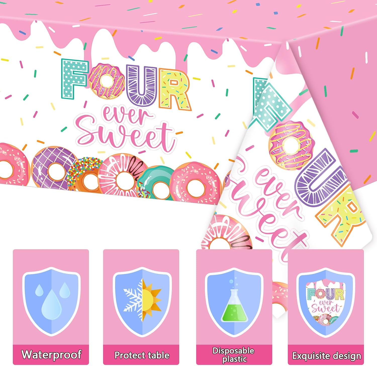 ZOIIWA 3 Pack Four Sweet Donut Birthday Party Tablecloths Decorations Girls Donut Themed Plastic Table Covers for Baby Girl 4th Birthday Supplies Pink Party Favors Table Decor 108 x 54 in
