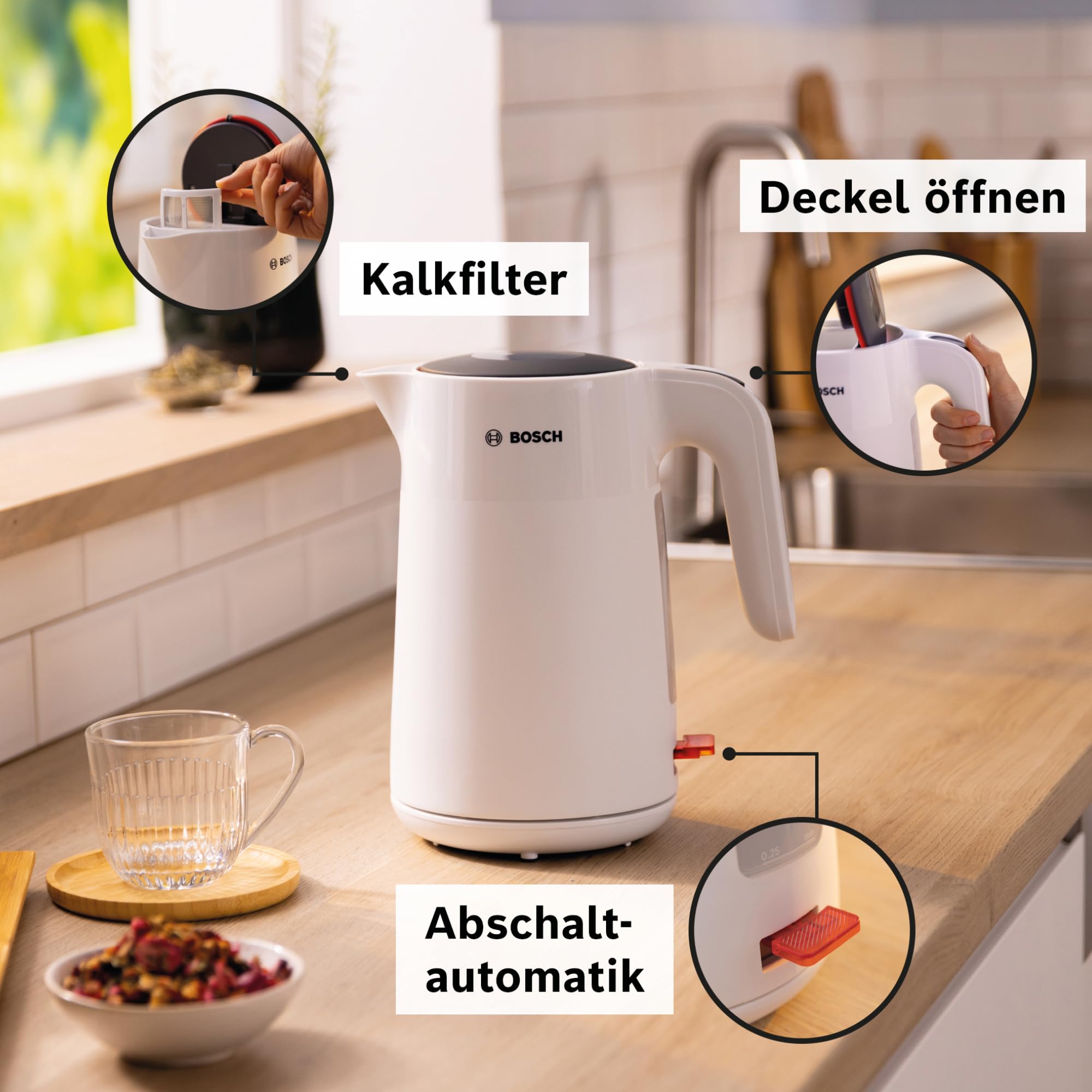 Bosch kabelloser Wasserkocher MyMoment TWK2M161, Abschaltautomatik, Überhitzungsschutz, Tassenanzeige, entnehmbarer Kalkfilter, Trockengehschutz, Dampfstopp-Automatik, 1,7 L, 2400 W, Weiß matt