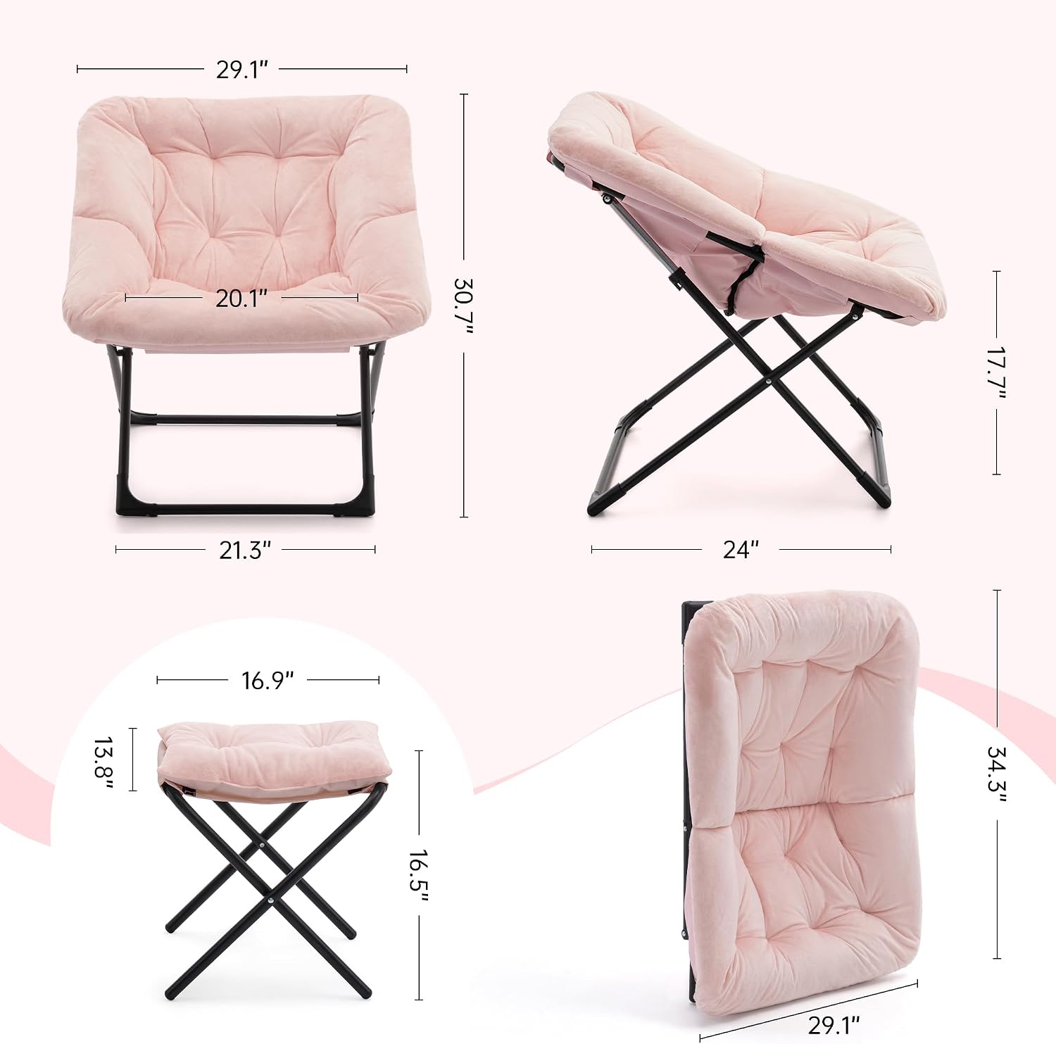 Saucer Chair with Ottoman, Foldable Living Room Chairs, Faux Fur Comfy Reading Chair, Lounge Chair for Bedroom Dorm Small Spaces, Pink