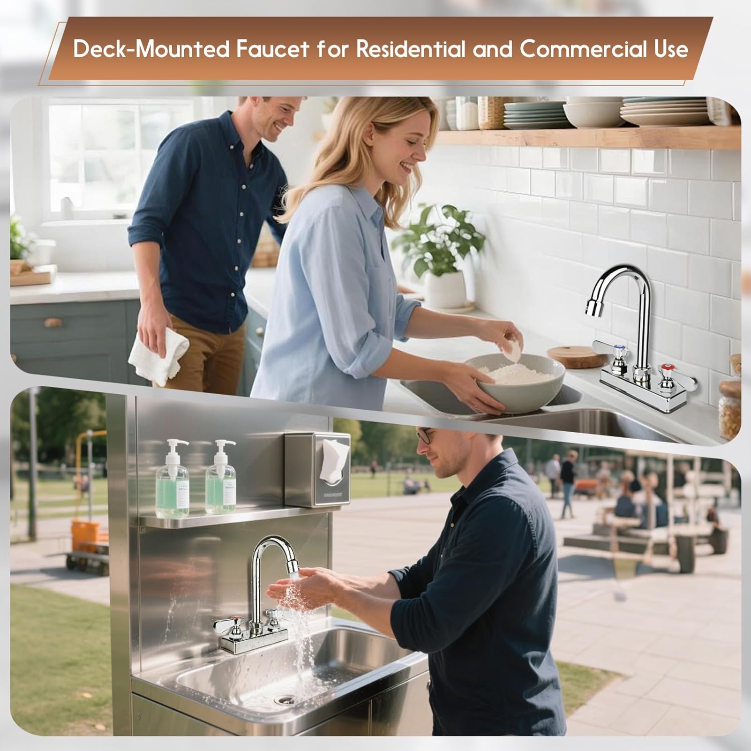 Commercial Bar Sink Faucet 4 Inch Center Deck Mount, 3-1/2" Gooseneck Swivel Spout Hand Sink Faucet, 2 Hole Brass Constructed & Chrome Polished with Dual Lever Handles - Image 9