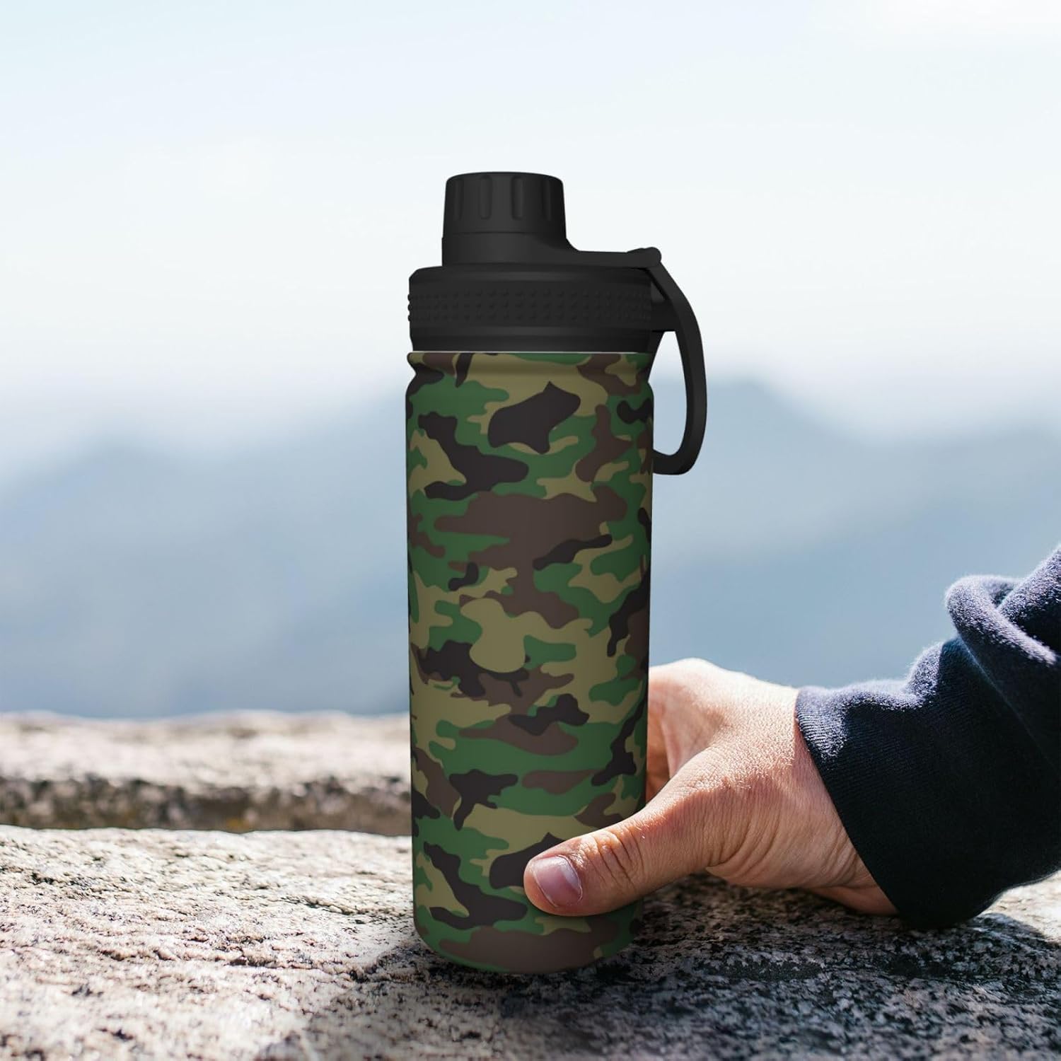 Personalized Camouflage Insulated Water Bottle with Handle 18oz Leak Proof Stainless Steel Metal Water Bottle with Spout Lid BPA Free Double Wall Vacuum Sports Water Flask for School Gym