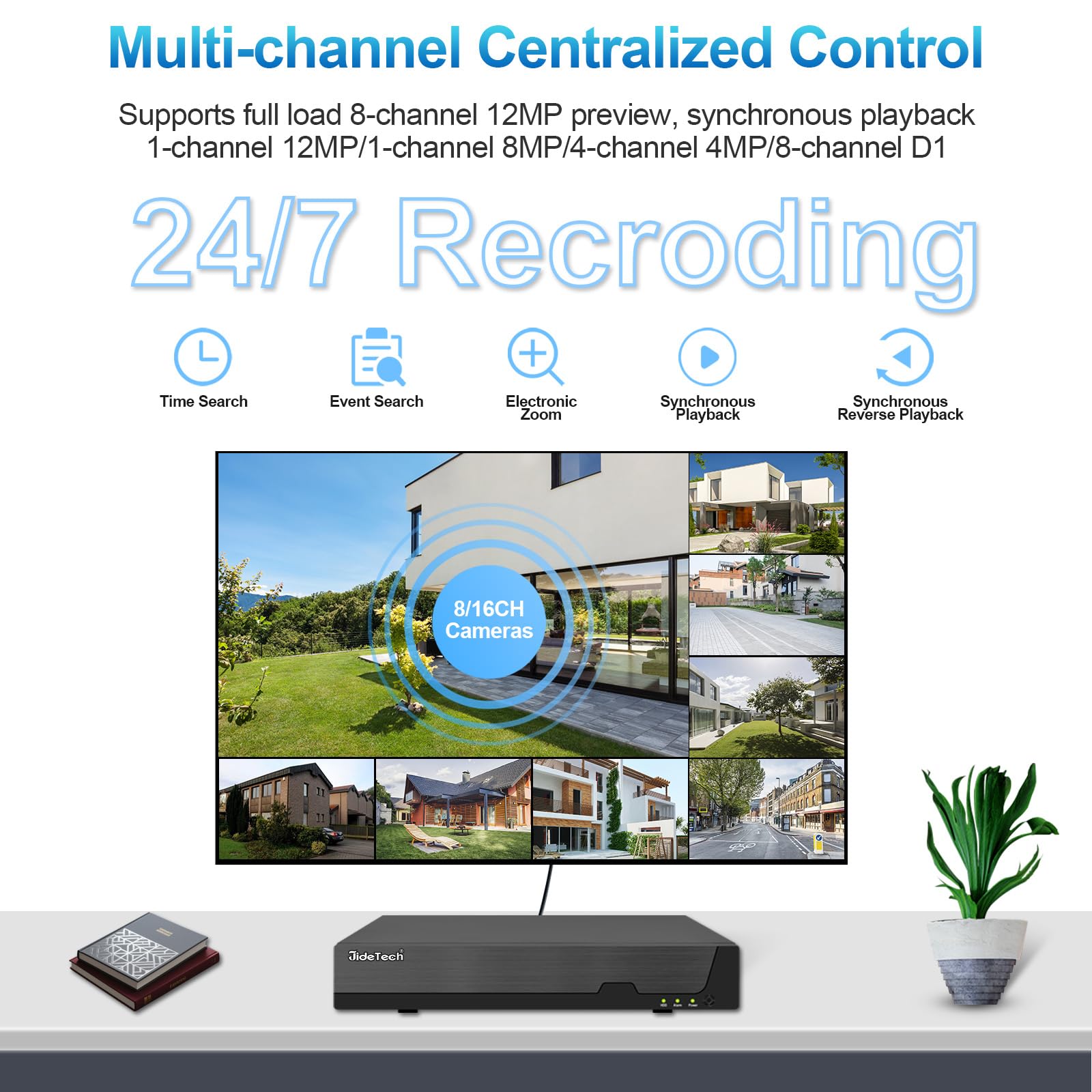 JideTech NVR 4K 8 canali PoE, 8 porte 16 CH espandibile Network Video Recorder per sistema di telecamere di sicurezza domestica 4K/2K/8MP/5MP/3MP/1080P, registrazione 24/7, disco rigido da 1 TB