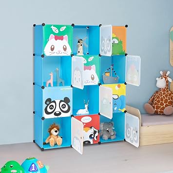 Cubes Storage Organizer, 12-Cube Plastic DIY Cabinet Clothes Wardrobe Closet, Portable Modular Bookcase Shelf Baskets Cube, with Doors for Livingroom, Bedroom,Animal Patterns