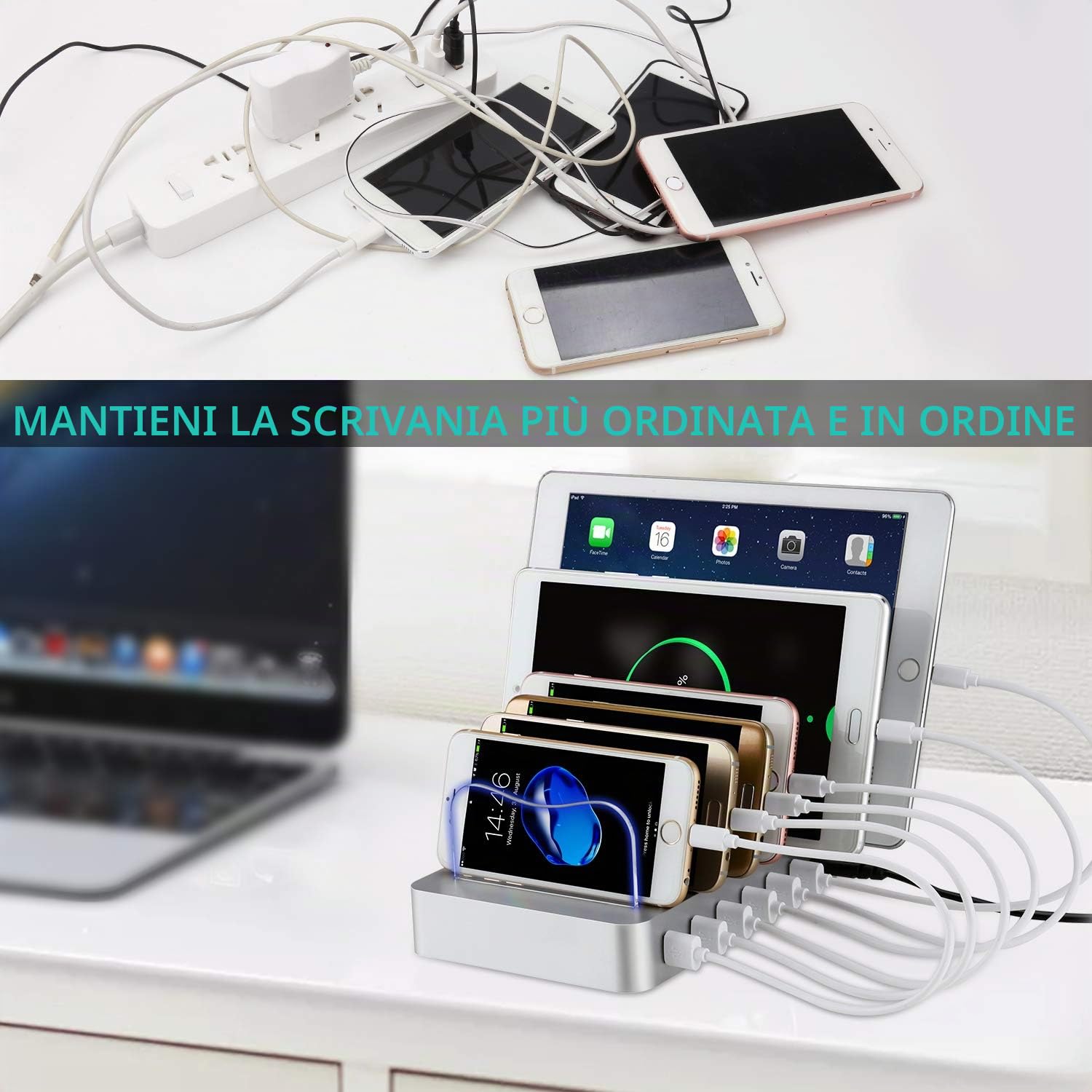 Stazione di Ricarica USB con 6 Corti USB Cavi USB Caricabatterie da Tavolo Multi Dispositivo 6 porte Docking Station & Organizzatore per Cellulare Tablet Auricolari MP3 MP4 (Argento)