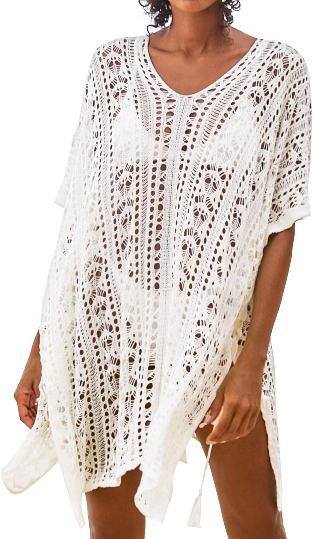 CUPSHE Women's Crochet Cover Up Kaftan V Neck Drop Shoulder Half Sleeves Lace Loose Waisted Beachwear Cover Up