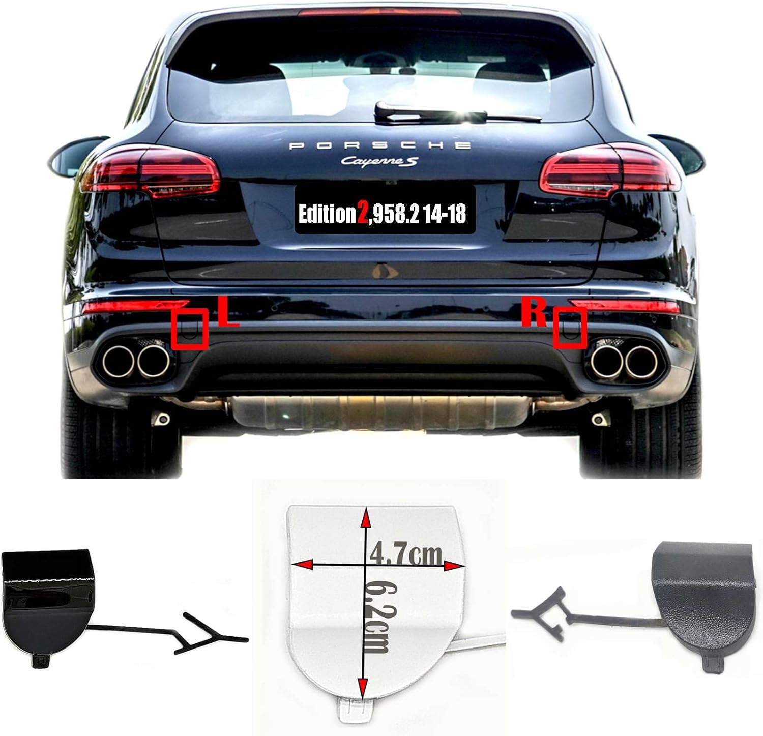 Rear Tow Covers for 10-14 Porsche Cayenne 92A 958 fit Base GTS S Turbo Sport 3.0L 3.6L 4.8L 2010 2011 2012 2013 Bumper Towing Hook Eye Cap Driver Left+Right Side
